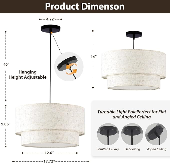 Linen Drum Pendant Light, 18” Double Drum Light Fixture with Modern Fabric Lampshade, 3-Light Linen Chandeliers for Dining Room, Bedroom