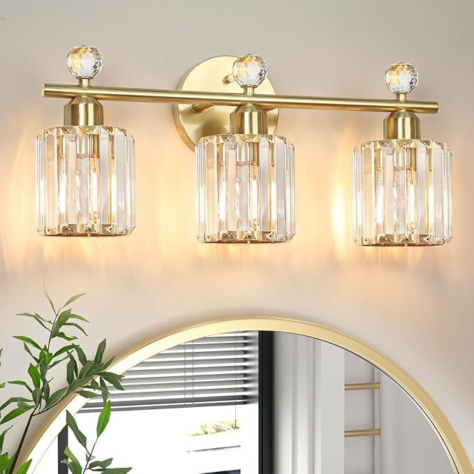3-Light Gold Bathroom Light Fixtures Modern K9 Crystal Vanity Lights Wall Sconce with Stainless Steel Base, Elegant Bathroom & Bedroom Lighting, Secure Packaging