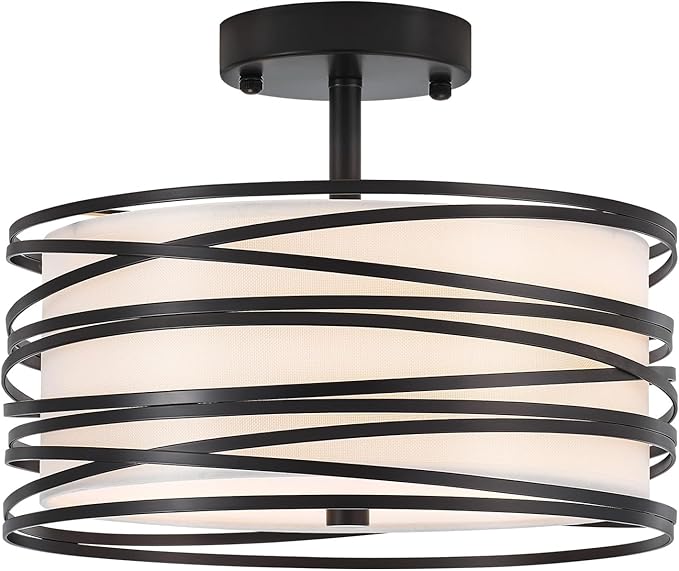 Drum Semi Flush Mount Ceiling Light Fixture, Black Matal & Linen Fabric Shade Ceiling Light, Modern Farmhouse Close to Ceiling Light for Bedroom, Hallway, Entryway, Dining Room, Laundry Room