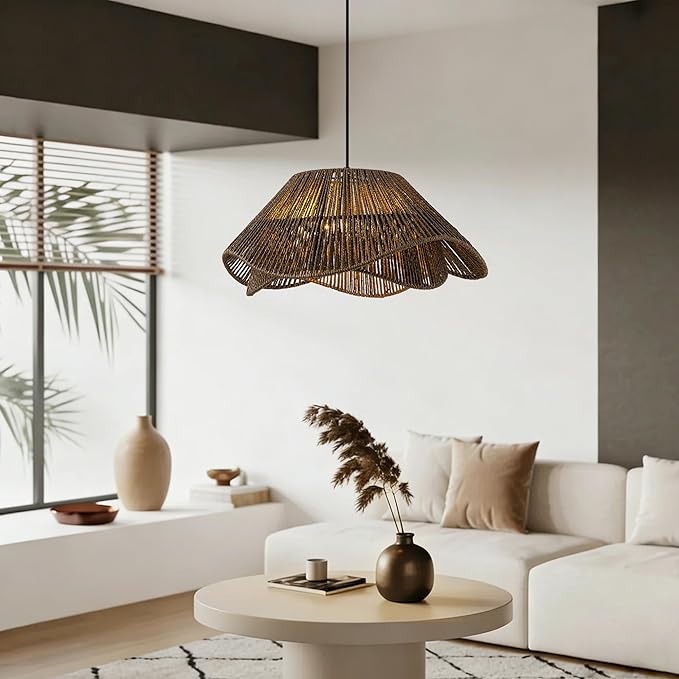 LumStory Dark Brown Rattan Pendant Light Fixture Farmhouse Boho Woven Rattan Chandelier for Dining Room, 3-Light Large Black Bohemian Rustic Wicker Ceiling Hanging Lamp Over Table for Kitchen Island