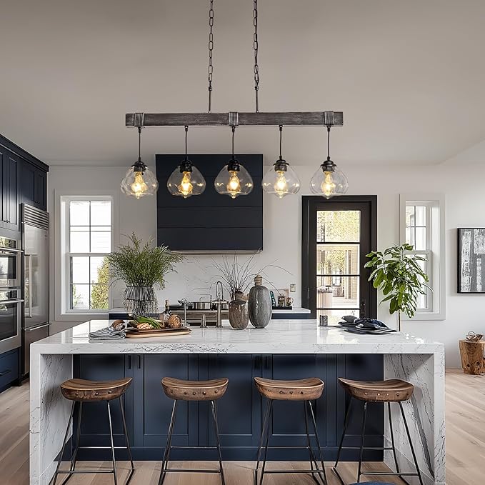Linear Chandelier for Dining Room, Modern 5-Light Kitchen Island Lighting,Black Farmhouse Linear Chandelier with Glass Shades, L39IN+W5.5IN+H7.9IN