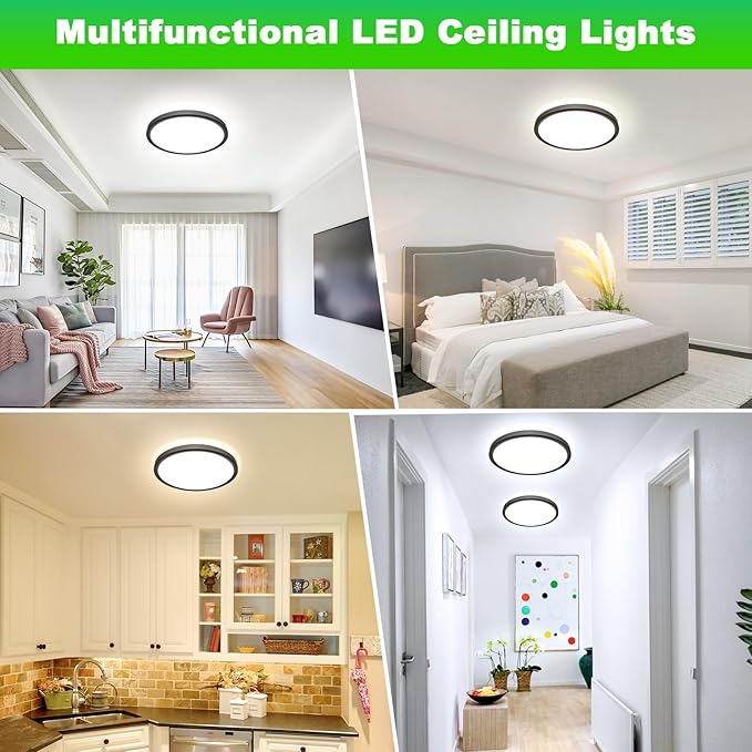 GoBright 4-Pack 7 Inch Dimmable LED Flush Mount Ceiling Lights, 15W 1800LM Ultra Thin Round Light Fixtures Ceiling Mount, 2700K-6500K 5CCT Selectable, Modern LED Lamps for Stairwell, Basement, Black
