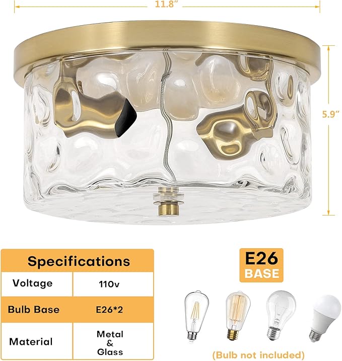 LamQee 11.8" Flush Mount Ceiling Light with Clear Hammered Glass, Brushed Gold Hallway Light Fixtures Ceiling Mount for Bathroom, 2-Lights Farmhouse Close to Ceiling Light Kitchen Foyer Bedroom
