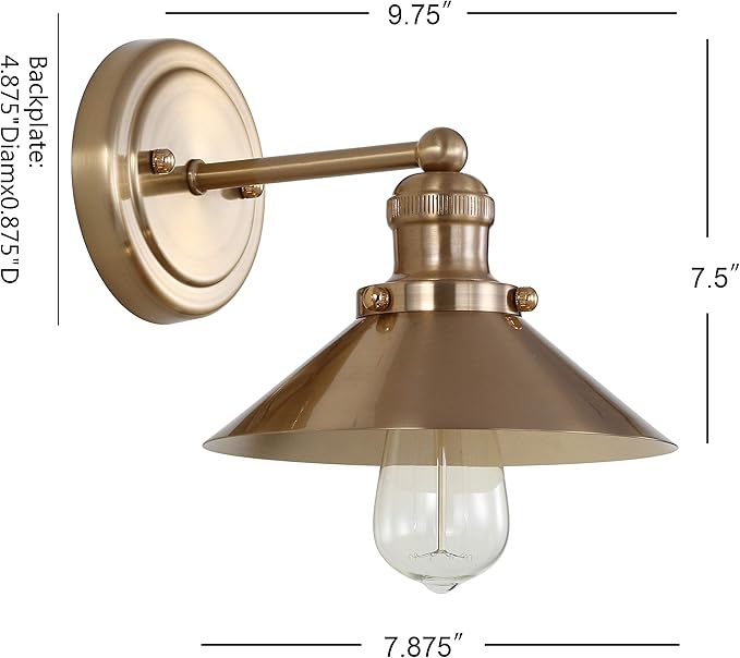 JONATHAN Y 7.8" Brass Gold 1-Light Industrial Farmhouse Metal Vanity Light Wall Sconce, Metal Shade for Bathroom Mirror, Kitchen, Entryway, LED Bulb Included (JYL7429A)