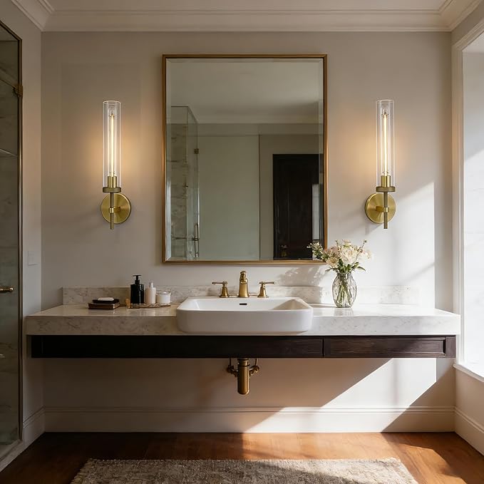 Brass Sconces Wall Lighting, 19" Tube Glass Gold Sconces, Bathroom Wall Sconces Lighting Vanity Lights Wall Lights for Living Room, Hallway, Fireplace, Staircase