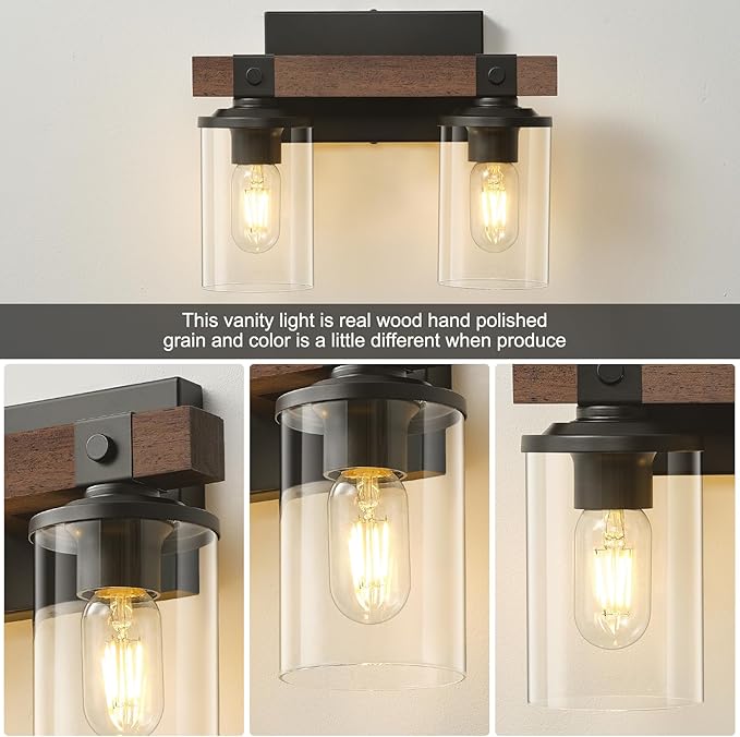 GoYeel Farmhouse Vanity Lights for Bathroom, Wooden Rustic Vanity Lighting fixtures 2-Light Bathroom Lights Over Mirror Vintage Wall Sconce Lighting with Clear Glass Shade for Bedroom Hallway