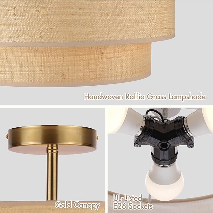 16 Inch Semi Flush Mount Ceiling Light, Double Raffia Woven Drum Shade, Rattan and Gold Farmhouse Ceiling Lamp for Bedroom, Living Room, Dining Room, Kitchen