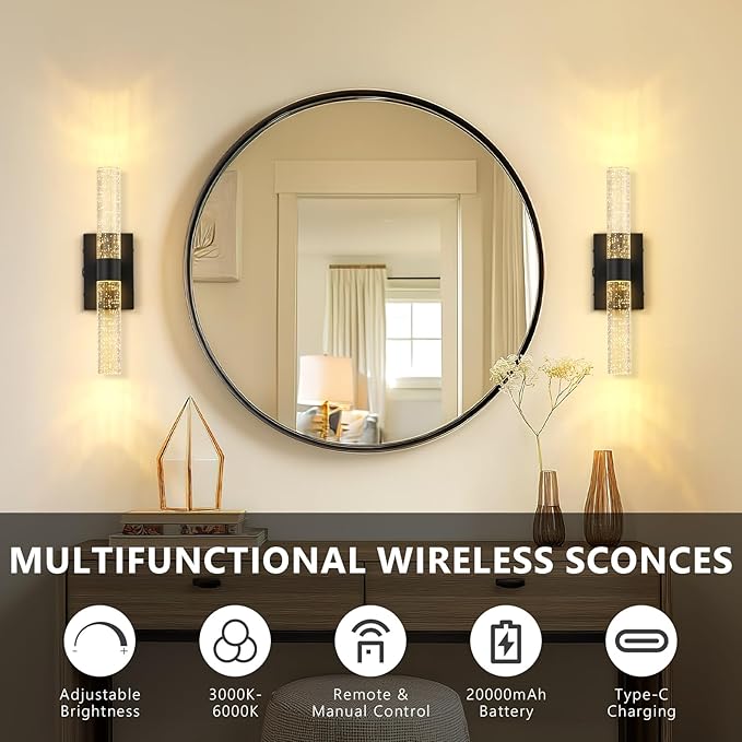 Black Battery Operated Wall Sconces Set of 2, 20000mAh Rechargeable Wall Light with Remote Control, 3000K-6000K Dimmable Wireless LED Sconces for Bedroom, Living Room, 15.6 Inch