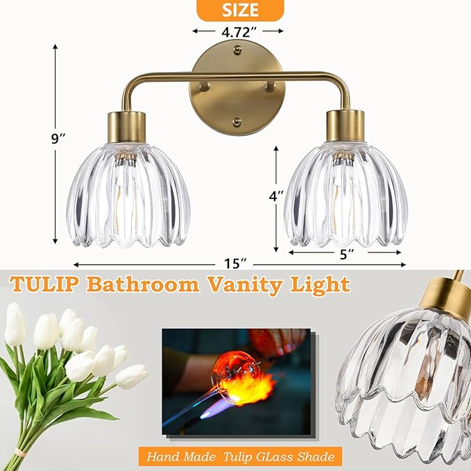 2-Light Gold Brass Bathroom Light Fixture with Clear Tulip Glass Shade,Wall Sconces,Vintage Vanlity Light Over Mirror,Bathroom Wall Light,E26 Socket(Bulbs Not Included)