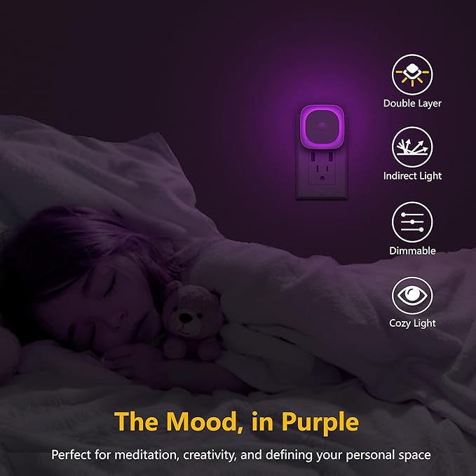 YUNLEX 2 Pack Plug in Night Light with Motion Sensor & Dusk to Dawn Sensor, 3 Sensor Modes, Purple Lights Plug into Wall, Dimmable Calming Glow for Meditation, Relaxation, Bathroom, as Mother Gifts