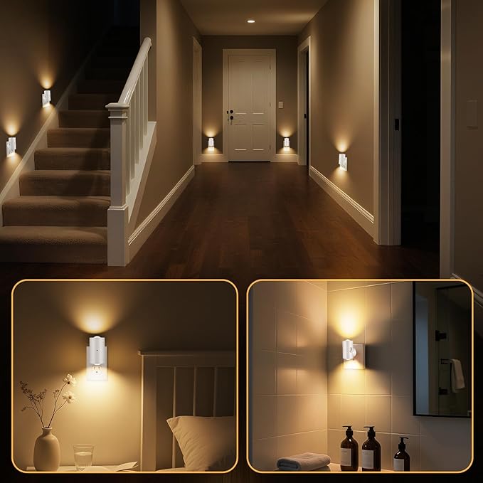 BMXKPO LED Night Lights Plug into Wall, Dimmable 4-Pack with Dusk to Dawn Sensor, 2700K Warm White, 0-200LM Adjustable & Rotatable Night Light for Bedroom, Hallway, Kitchen, Bathroom