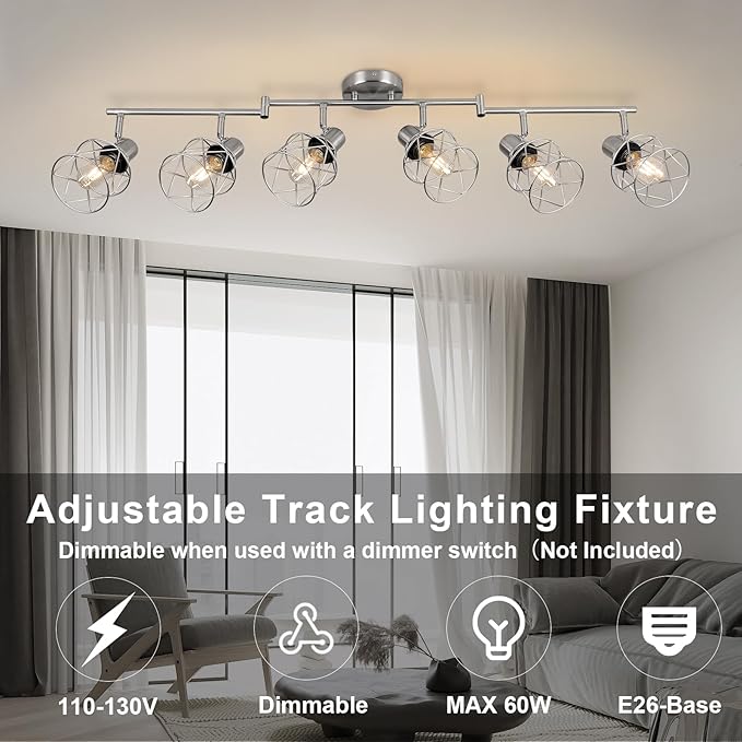 WILON Track Lighting Fixtures, 6-Light Brushed Nickel Flush Mount Track Light Ceiling, 6 Way Spot Light Kitchen Light Fixtures Directional Ceiling Spotlight for Kitchen Hallway Living Room