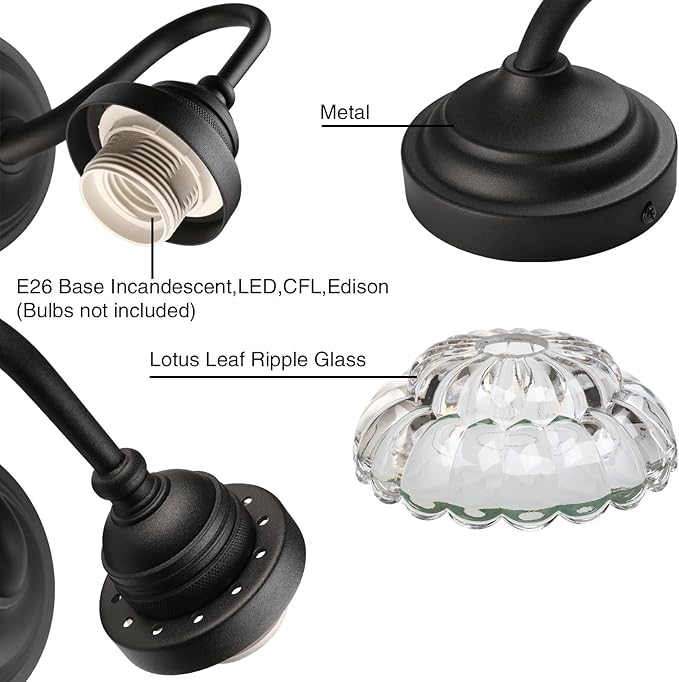 PERMO Vintage Black Wall Sconce with Clrar Lotus Glass Shade Antique Sconces Hardwired Light for Bathroom, Bedroom, or Entryway