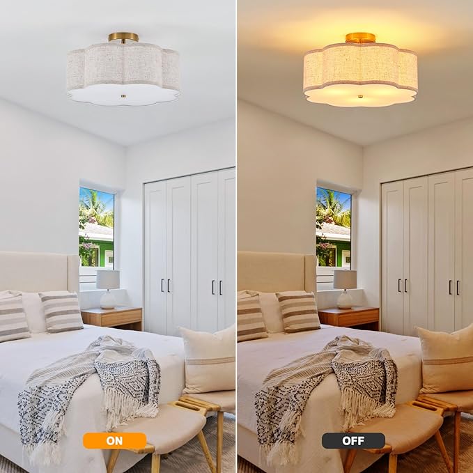 18" Semi Flush Mount Ceiling Light Modern 3-Lights Gold Drum Ceiling Light Fixture with Fabric Linen Shade, Vintage Ceiling Lighting for Living Room, Kitchen, Basement, Laundry Room, Bedroom