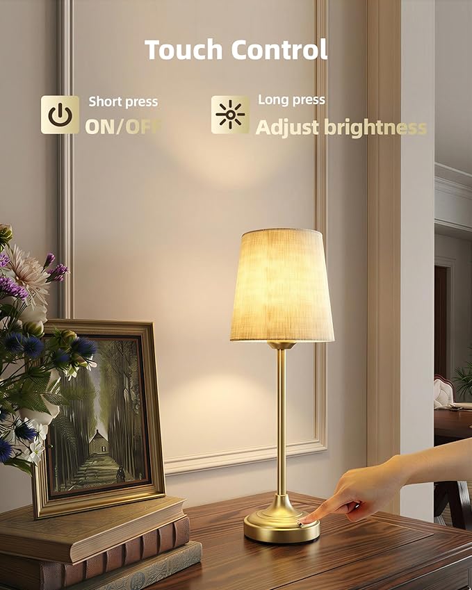 Battery Operated Lamp, 8000mAh, Ambient Light, Touch Control, Dimmable, Portable, 2700K, LED, Wireless, Rechargeable, Battery Operated, Desk Lamp, Kitchen Lamp, Fabric Shade, for Dining Room, Bedroom