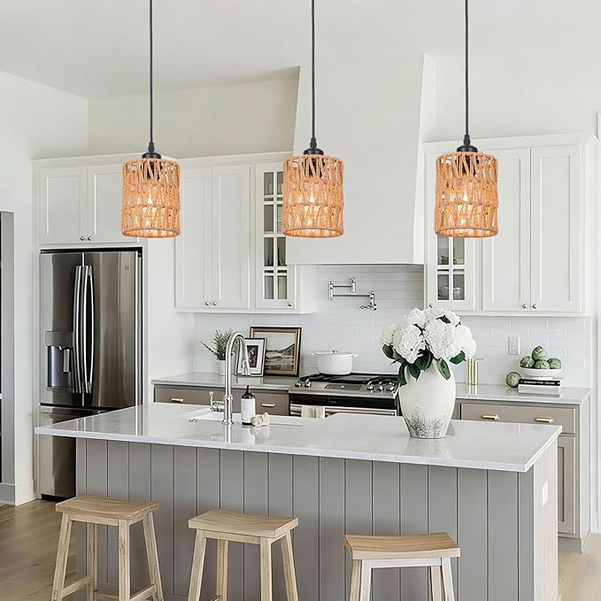 Rattan Pendant Lights Kitchen Island, 3 Pack Farmhouse Chandelier Lighting with Hand Woven Wicker Shade, Boho Pendant Light Fixtures Ceiling Hanging for Dining Room Bedroom Foyer Hallway