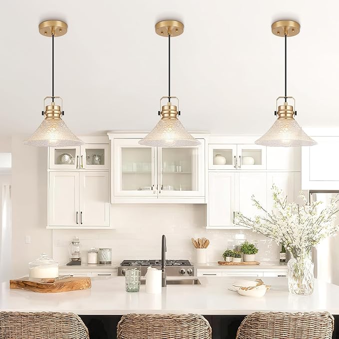 Glass Pendant Lights Kitchen Island 3 Pack Pendant Light Fixtures with Wave Glass Modern Adjustable Hanging Light for Kitchen Sink Dining Room Bedroom