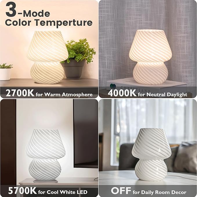 ULAROOM USB Plug-in Mushroom Lamp Small Bedside Table Lamp with 3 Temperature LED Bulb,Free Dimming Nights Light for Bedroom/Living Room/Entryway/Corner Decor (Stripe White)