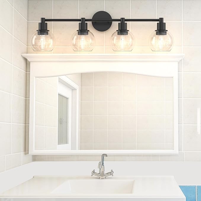 Espird 4 Lights Bathroom Vanity Light Fixtures Black, Bathroom Lights Over Mirror, Industrial and Farmhouse 4 Lights Wall Sconce, Matte Black Globe Vanity Lighting Fixtures