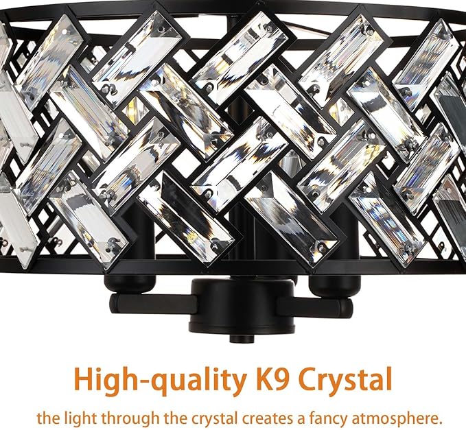 FRIDEKO HOME Black Crystal Ceiling Light - 3-Light Light Fixture Ceiling Mount Semi Flush Mount Ceiling Lights for Kitchen Bedroom Hallway Living Room Dining Room（3 Light-Black）
