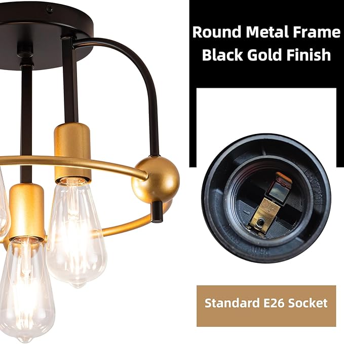 3 Light Industrial Ceiling Light Black Gold Semi Flush Mount Lights Close to Ceiling Light Fixtures,cage design Farmhouse Ceiling Lighting for Kitchen Bedroom Bathroom Foyer Hallway (E26, 2Pack)
