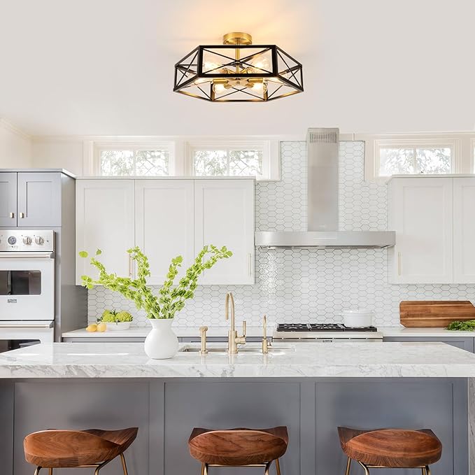 WILON Industrial Semi Flush Mount Ceiling Light, 19.68" Dining Room Light Fixture Farmhouse 6-Light Kitchen Lighting Fixtures Ceiling Mount Black and Gold Light Fixture for Hallway Kitchen Foyer