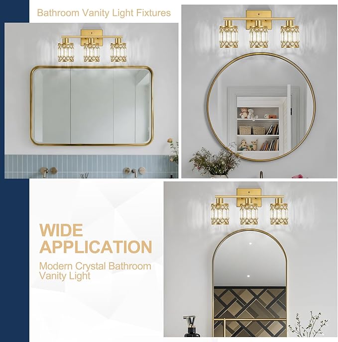 Crystal Modern Bathroom Light Fixtures, 3-Light Brushed Gold Bathroom Vanity Wall Light, Vanity Lights for Mirror, Restroom, Bedroom (E26 Socket, Bulbs Not Included)
