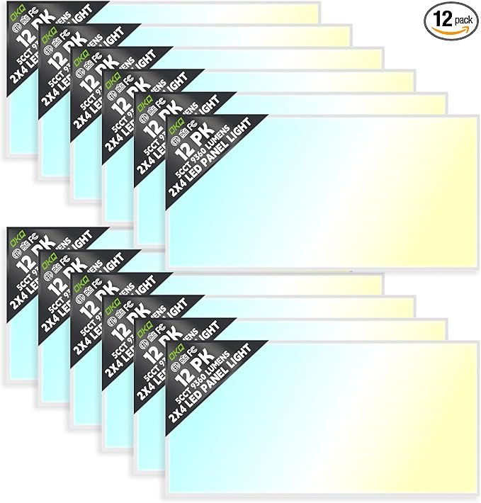 OKQ 2x4 LED Flat Panel Light Drop Ceiling Office Fixture, 5 CCT 3000K-6500K Adjustable & 5 Wattage Selectable,0-10V Dimmable, 2X4 LED Flush Mount Ceiling Light, ETL Listed 12Pack