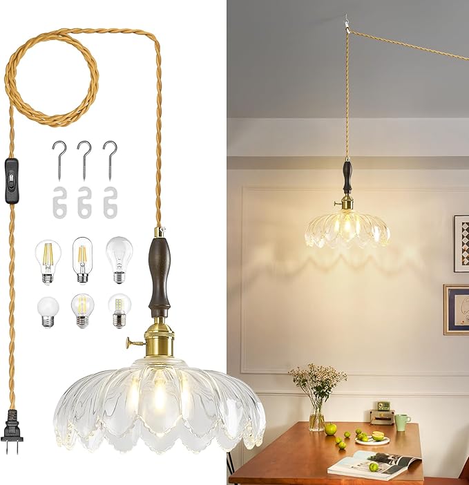 Modern Clear Plug in Glass Pendant Light Retro Flower Glass Hanging Lamp Gold Brass Decorative Adjustable Ceiling Hanging Light Suitable for Kitchen Island Bedroom Dining Room Living Room