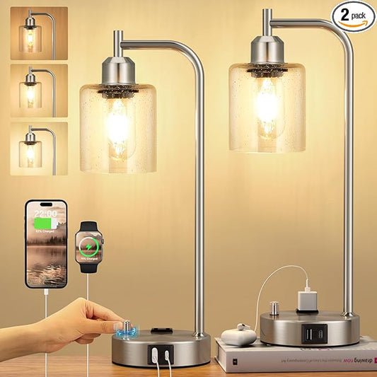 Industrial Table Lamps for Bedrooms Set of 2 - Fully Dimmable Bedside Lamps with USB A and C Ports and Outlet, Nickel Nightstand Lamps with Glass Shade for Living Room, Desk Lamps for Office Reading