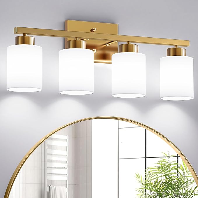 PARTPHONER 4-Light Brushed Gold Bathroom Light Fixtures, Modern Vanity Light Over Mirror Lighting, Wall Sconce with Frosted Milky White Glass Shades for Bedroom Living Room Kitchen Hallway