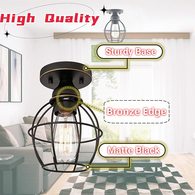 WISBEAM Oil Rubbed Bronze Semi Flush Mount Ceiling Light Fixture, E26 Medium Base MAX 60W, Metal Housing, ETL Rated, Bulbs NOT Included, 2-Pack