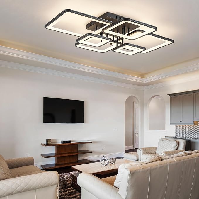 Shine LUEST Modern LED Ceiling Light Fixture Black Kitchen Lighting Fixtures Ceiling for Bedroom 31.5" Dimmable 6 Ring Square Ceiling Light for Kitchen with Remote Control for Living Room,Dining Room