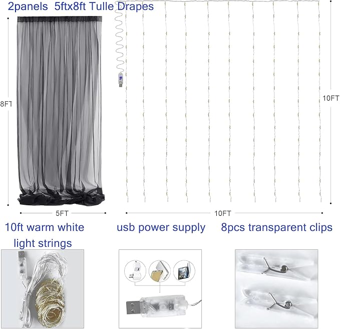Black Tulle Backdrop Curtain with Lights Strings, Elegant Sheer Photo Backdrop Drapes, Soft Fabric Curtain for Weddings Brithday Parties Photography Background Decor, 10ftx8ft
