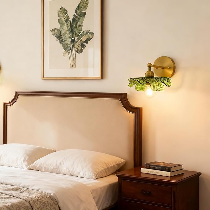 Pathson Vintage Wall Sconce Green Flower Glass, Hardwired Bathroom Sconce Boho Brass Wall Vanity Light for Living Room, Kitchen Sink, Bedroom, Farmhouse Lamp
