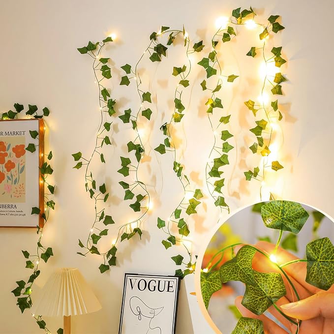 KASZOO 2 Pack 6.56 Ft Vine with Fairy Lights, 80LEDS Battery/USB Operated, Vine String Lights, Ivy Garlands with Fairy Lights for Bedroom Party Wall Room Hanging Decor