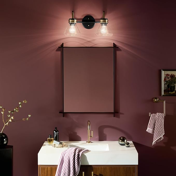 Kichler Farum 19.25" 2-Light Bathroom Vanity Light Fixture with Clear Glass in Black, Modern Wall Mount Light for Vanity Mirror Over Sink (19.25" W x 9.5" H), 55154BKCLR