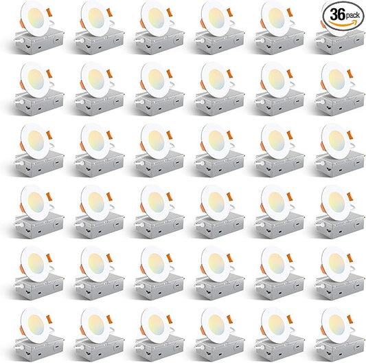 Amico 36 Pack 3 Inch 5CCT Ultra-Thin LED Recessed Ceiling Light with Junction Box, 2700K/3000K/3500K/4000K/5000K Selectable, 7W Eqv 60W, Dimmable Canless Wafer Downlight, 500LM High Brightness -ETL