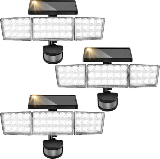 Solar Lights Outdoor, 3500LM 168 LED Motion Sensor Solar Flood Lights, 3 Heads 300° Wide Angle, 3 Modes IP65 Waterproof Solar Security Lights for Yard Garden Patio, 3 Pack (Black)