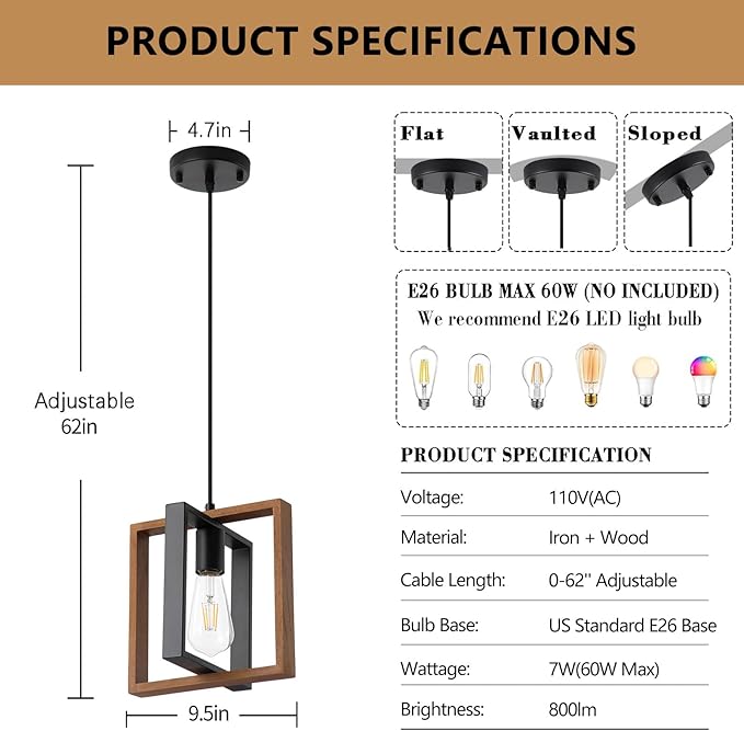 9MMML Industrial Small Pendant Lighting, Farmhouse Kitchen Island Hanging Lamp with Cord, Wood+Metal,1 Light E26 Fixture for Dining Room Bedroom Hallway Entryway,9.5 inch