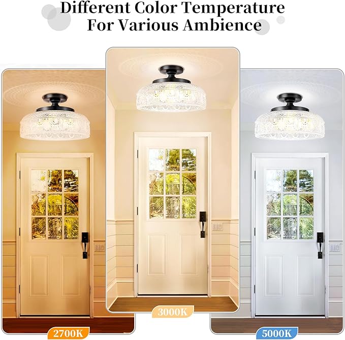 Lamomo Semi Flush Mount Ceiling Light, Upgraded Larger 12 Inch Black Hallway Light Fixture, 3 Light Globe Glass Close to Ceiling Light, Indoor Hanging Light for Bedroom Kitchen Porch Hallway
