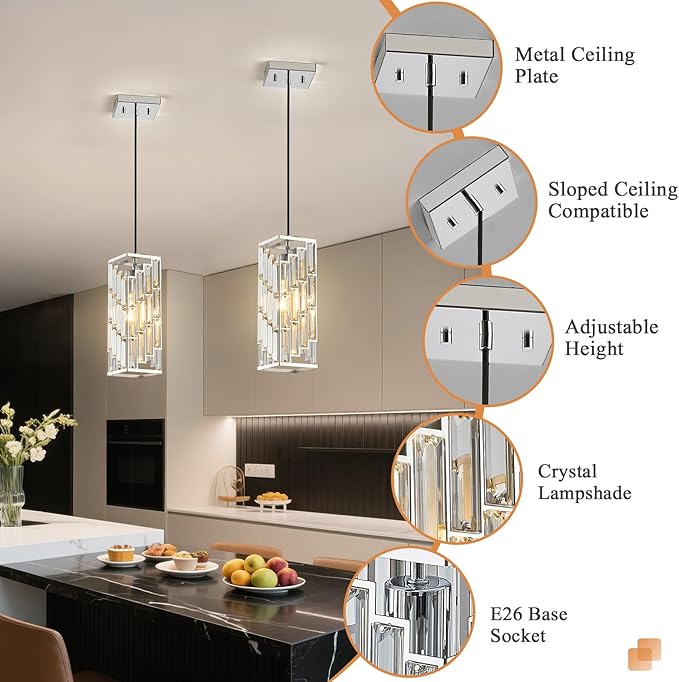 Chrome Pendant Lights Kitchen Island 2 Pack, Adjustable Modern Pendant Light Fixtures, Mini Crystal Chandeliers for Dining Room Bedroom Foyer Hallway