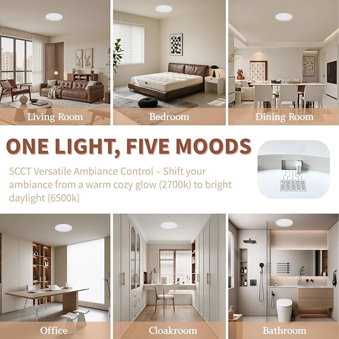 8.66 Inch LED Flush Mount Ceiling Light Fixtures, 18W 2160LM & 5CCT Selectable (2700K-6500K), Integrated LED Lights for Bedroom Kitchen Hallway Closet Laundry, Non Dimmable, White