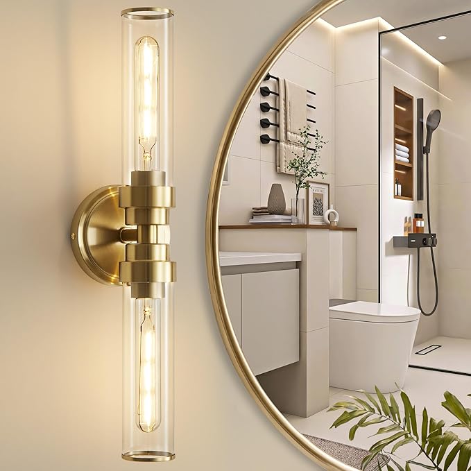 Bathroom Light Fixtures, Gold Wall Sconce in Clear Glass Vanity Lights, Modern Bathroom Vanity Light Up and Down Sconces Wall Lighting for Living Room, Hallway, Bedroom - Bulb Not Included