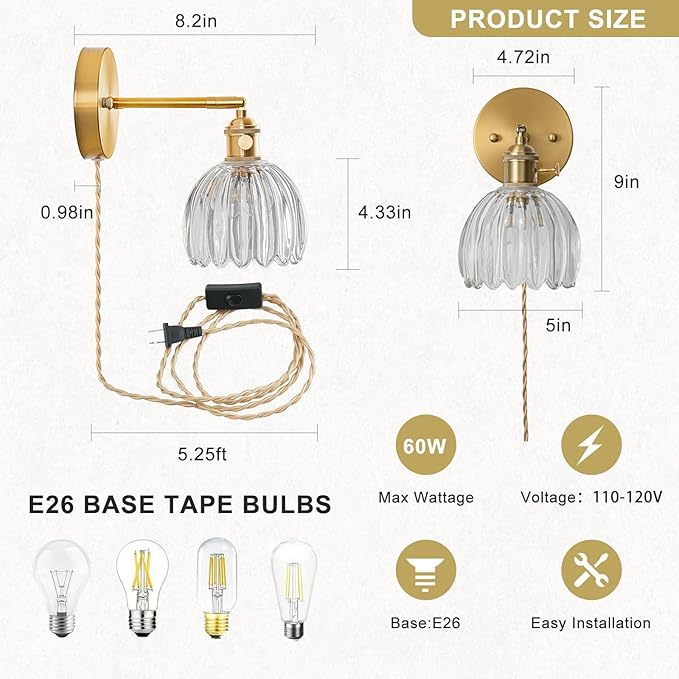 Plug in Wall Sconces Set of 2, Vintage Wall Sconce Light with Tulip Transparent Glass Lampshade, Bedroom Wall Sconce with Switch and Plug in wall lamp Cord, Gold Wall Light Wall Decor Set of 2