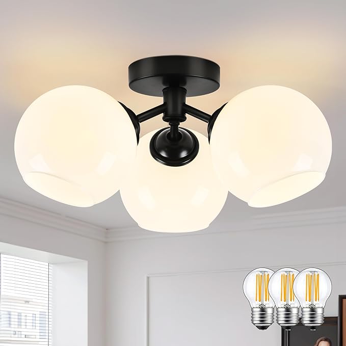 KoKo&Yukina 3-Light Mid Century Modern Black Semi Flush Mount Ceiling Light Globe Sputnik Chandelier Fixture Milk Glass Globe Ceiling Lights for Bedroom Living Room Hallway Entryway Foyer
