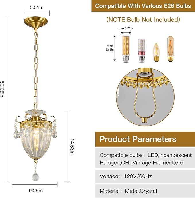 Modern Chandelier, Gold Chandelier Crystal Pendant Lights Small Chandelier Light Fixture, Crystal Chandeliers for Living Room Dining Room Kitchen Entryway (2 Pack)