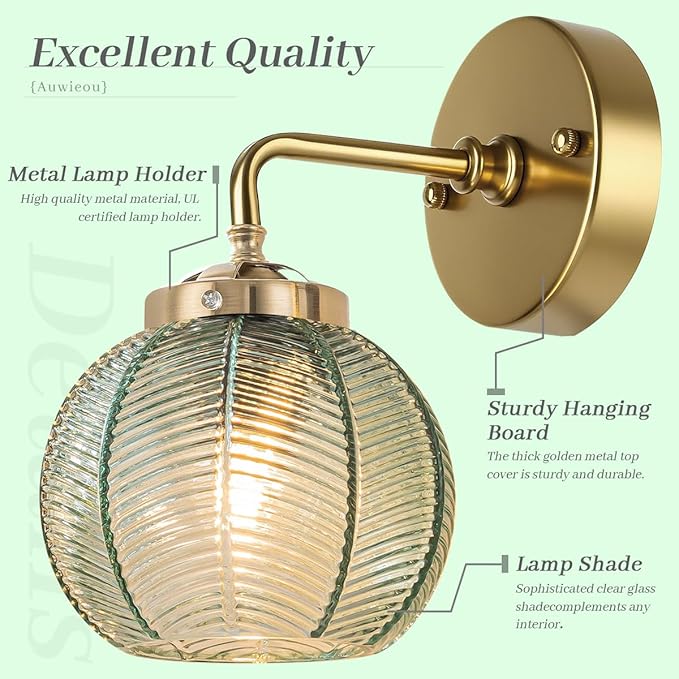 Gold wall Sconce Vintage Wall Sconces Light Wall lamp with Ribbed Green Glass Shade mid Century Modern Bathroom Vanity Light Art Deco Vanity Lights Over Mirror Bedroom Hallway Living Room