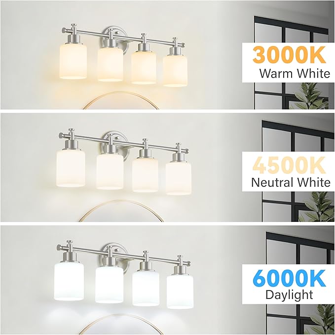 4-Light Bathroom Vanity Light, Brushed Nickel Vanity Light Fixture with White Frosted Glass Shades, Modern Anti-Rust Wall Sconce Over Mirror, Bathroom, Hallway (Bulbs Not Included, E26 Base)