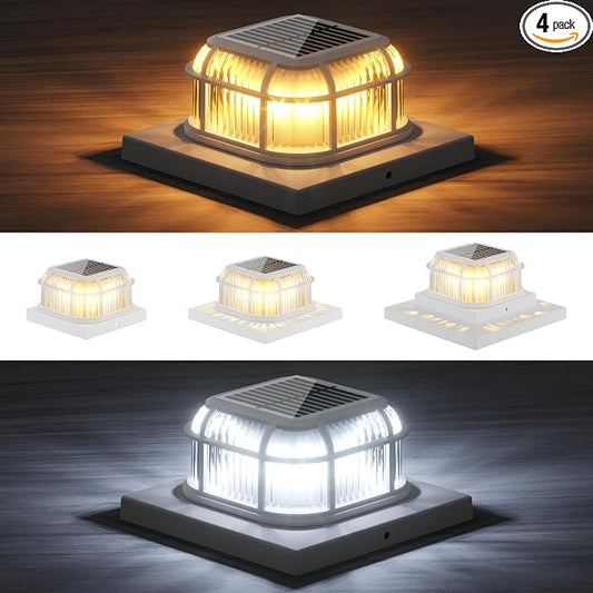 Solar Post Light 4 Packs with 4x4, 5x5 and 6x6 Inches Base for Vinyl/Wooden Posts, Bright 16 LEDs Solar Cap Lights with Two Light Modes for Decorating Deck, Patio, Porch, Fence (White)